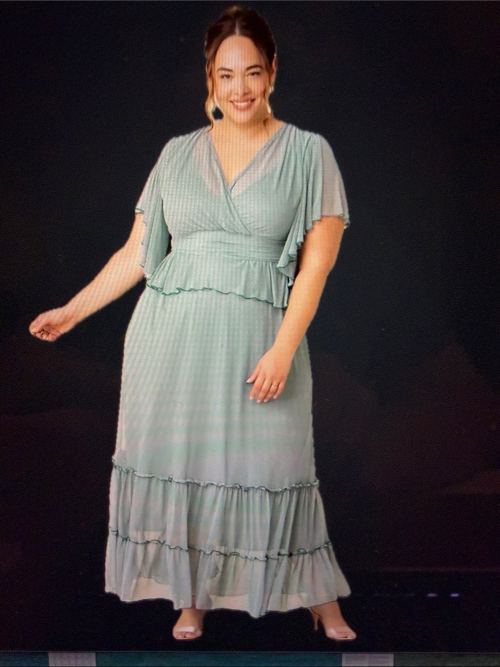 Kiyonna Sage Green Flutter-Sleeve Tiered Maxi Dress